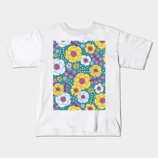 Cute romantic vintage flowers in teal and yellow Kids T-Shirt